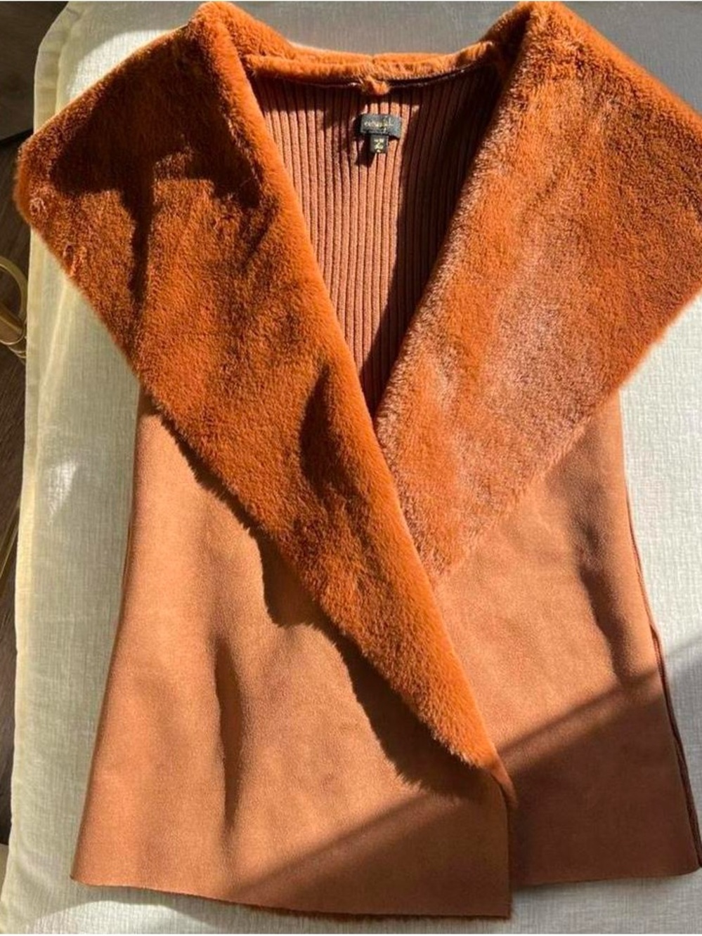 Faux Suede Vest with Plush Faux Fur Shawl Collar - Rust